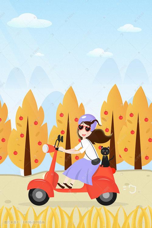 小清新国庆小长假女孩带猫骑车出游插画