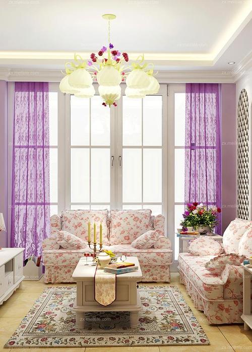 窗帘紫色韩式小清新客厅装修效果图