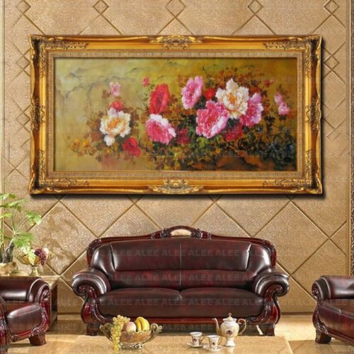 沙发背景墙油画纯手绘富贵牡丹花卉欧式中式客厅餐厅玄关过道挂画