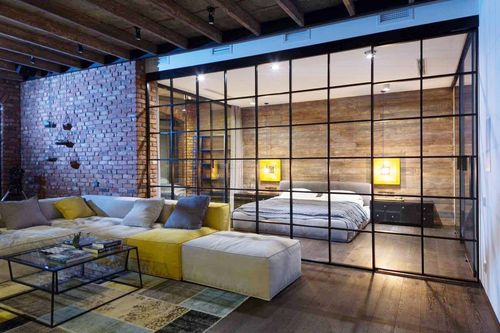 现代工业风格客厅卧室玻璃隔断装修装信通网效果图