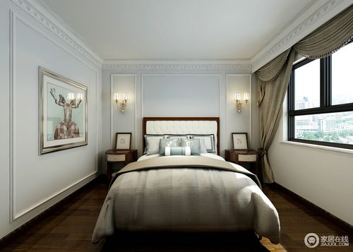 石膏线的精致在浅灰蓝打底的卧室空间中装饰出简洁利落的典贵感对称