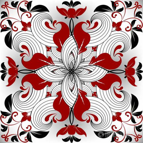 花卉观赏红黑白矢量无缝图案手绘复杂的花卉装饰线条艺术巫术花叶编织