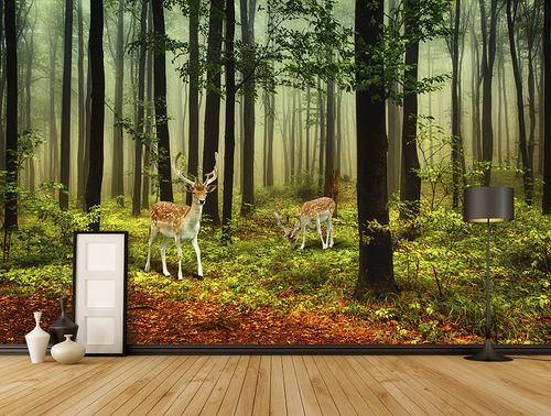 森林麋鹿风景背景墙装饰画