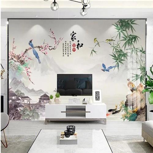 电视背景墙壁纸新中式山水画客厅花卉装饰家