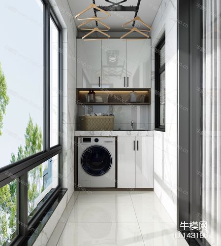 效果图素材免费下载本作品主题是现代家居阳台自动晾衣架洗衣机柜子