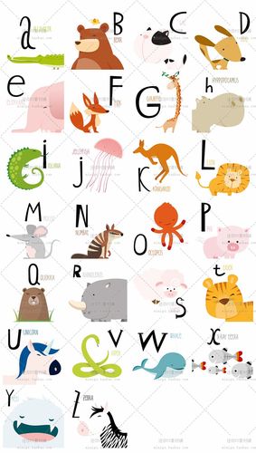 卡通动物英文26个字母可爱图形儿童幼儿园单词表矢量图ai设计素材