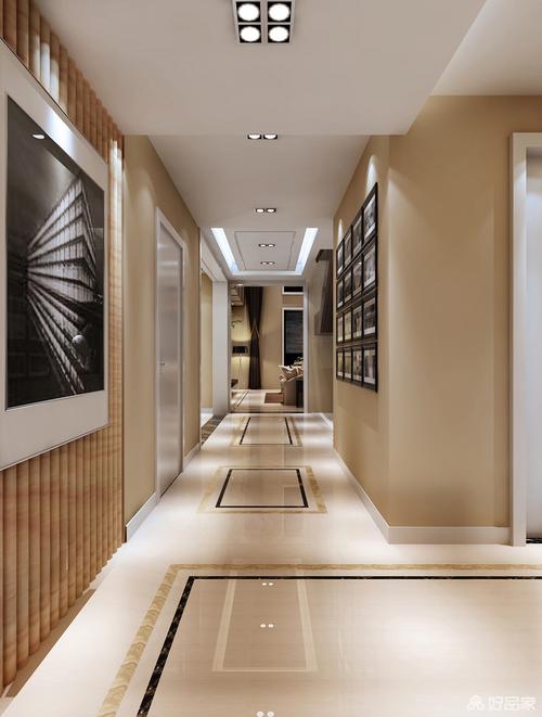 走廊以米色为主营造着满满地温馨地砖的矩形框带来几何艺术墙面
