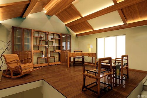 中式尖顶阁楼书房书柜图片欣赏装修123效果图