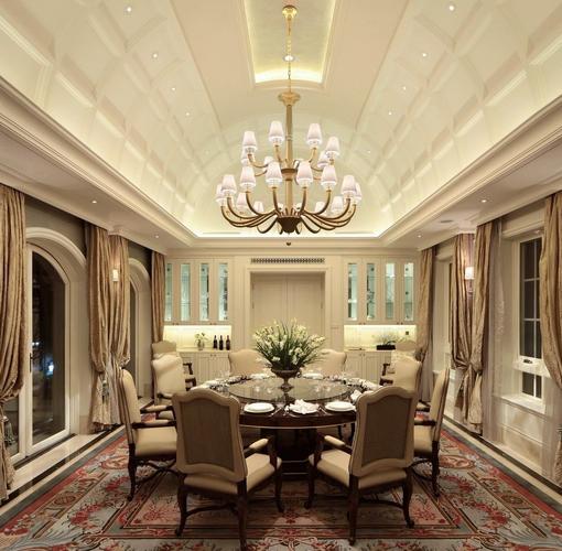 弧形吊顶设计装潢金色奢华典雅中式挑高客厅大吊灯效果图小户型东南亚