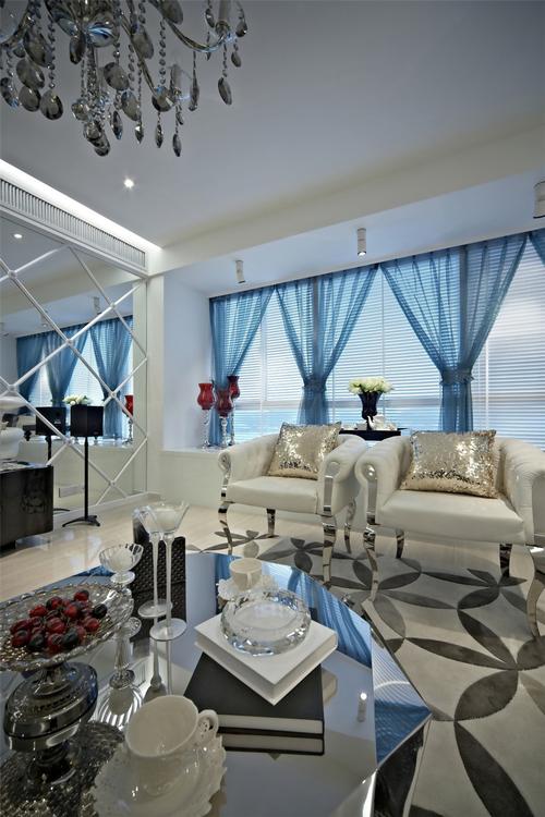 现代清新时尚客厅蓝色薄纱窗帘室内装修图装饰装修素材免费下载图片
