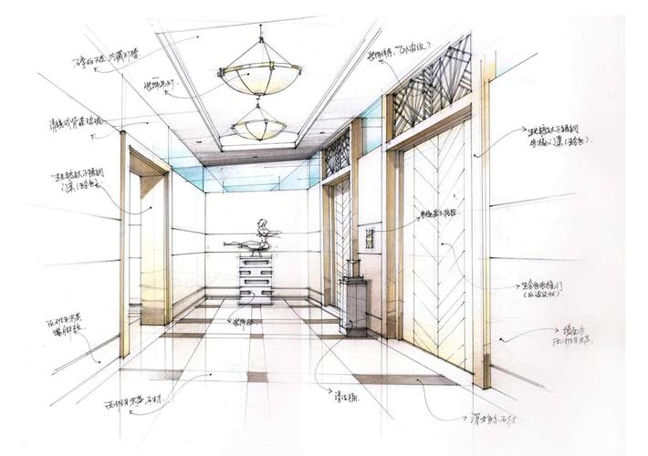 2020展厅走廊玄关手绘效果图片设计456装修效果图