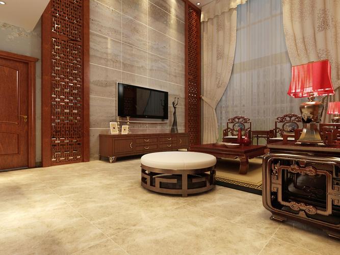 新中式别墅客厅瓷砖电视背景墙装修效果图片