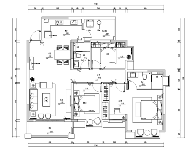 广西来宾海德堡3号样板房室内施工图设计新中式风格