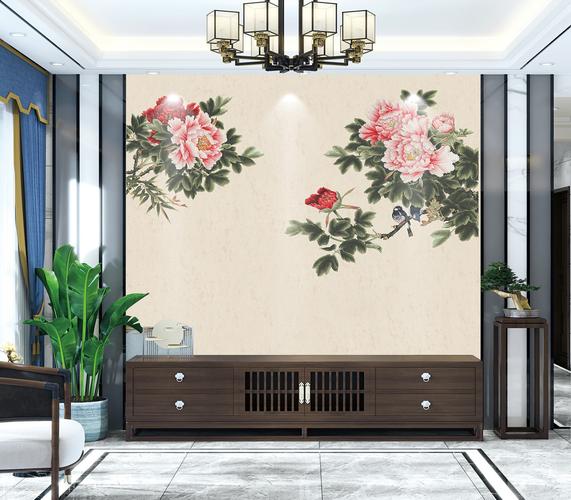 独绣刺绣客厅电视沙发背景墙现代中式大花牡丹花鸟壁布壁画最新款