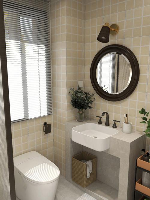 北欧风浴室一体式布局面积4平米左右是个偏小的浴室浅棕色小墙砖