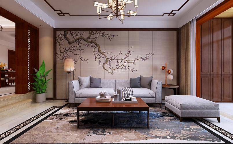 160平舒适中式三居之沙发背景墙装饰画效果图