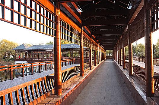 长廊廊桥仿古建筑景观公园休闲秦皇岛生态园