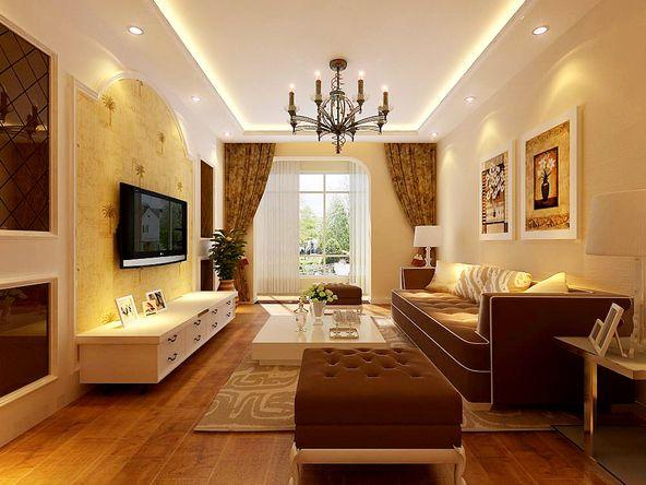 客厅整体墙面满铺米黄色暗纹壁纸来体现温馨舒适的感觉.
