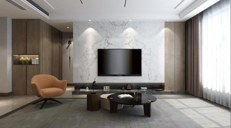 电视背景墙与电视柜是一个整体左右两面定制的原木色木作都是褂子