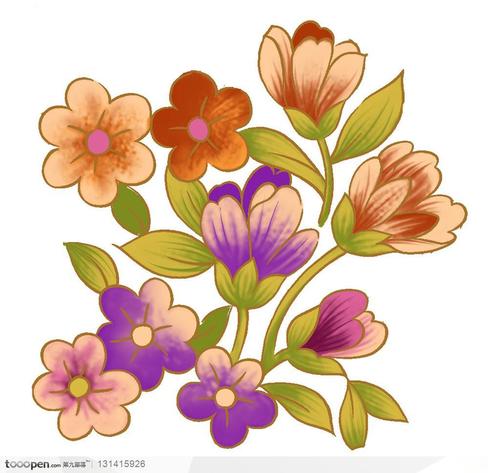 手绘金色紫色小花花朵纹样