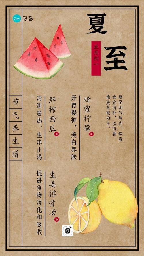 黄色养生食谱水果夏至节气创意中文手机海报