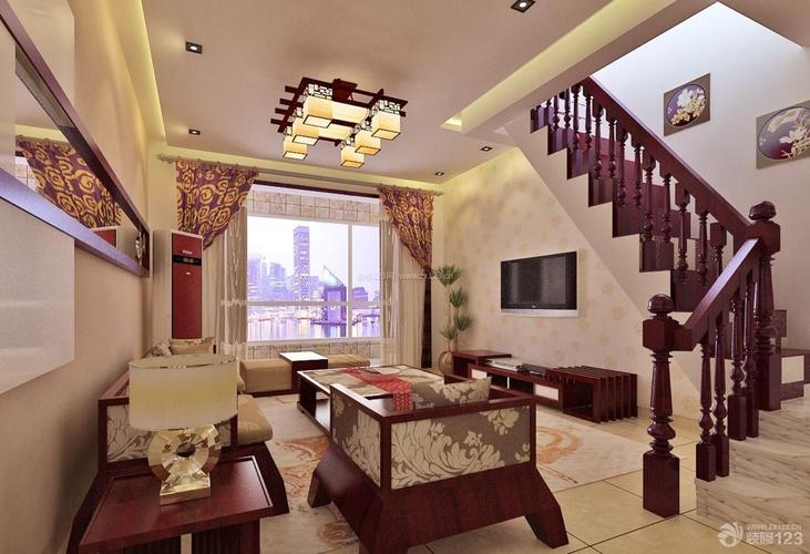 新中式风格90平米跃层房屋客厅装修设计效果图