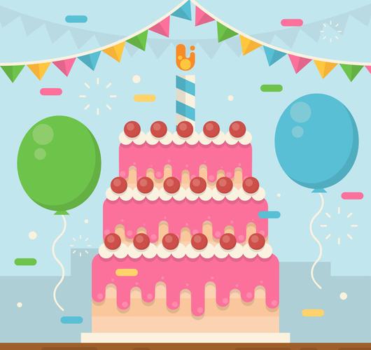 创意生日派对上的粉色生日蛋糕矢量图