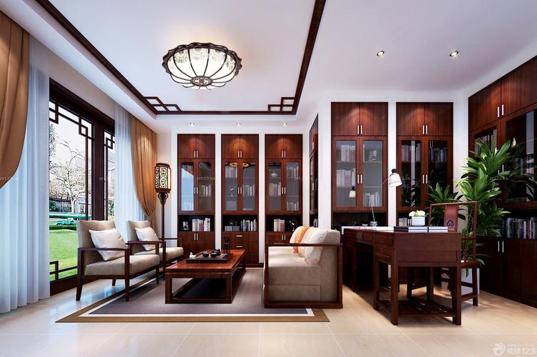 豪华中式客厅兼书房设计图设计456装修效果图