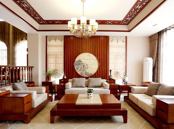 中式客厅设计木质背景墙装修效果图片