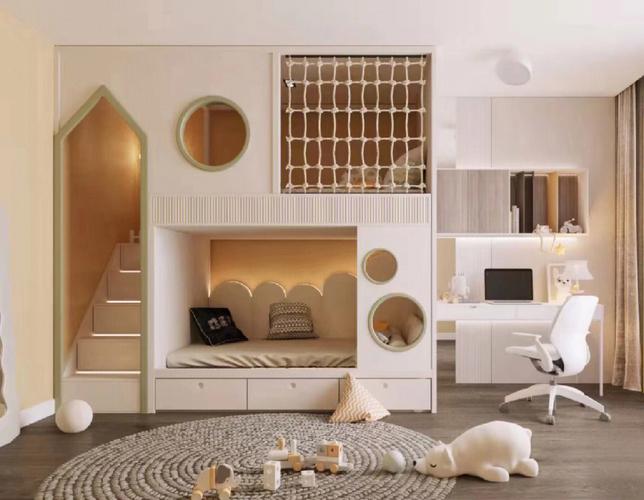 将全屋定制和软包相结合做出有创意切符合装修审美的高低床儿童房