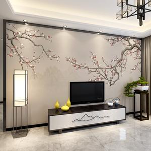 新中式电视机背景墙壁纸客厅8d立体手绘梅花鸟墙纸壁画影视墙墙布