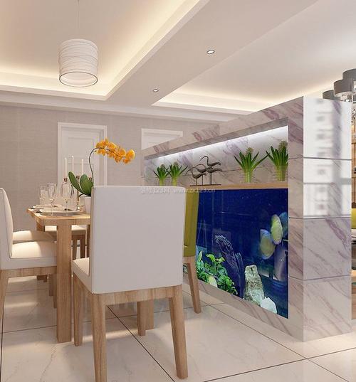 现代餐厅背景墙隔断鱼缸装修效果图片