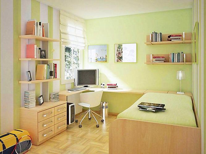 8平米男童卧室小书房绿色壁纸装修效果图