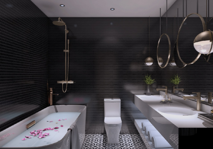 卫生间采用黑色马赛克墙砖铺贴增加个性化设计