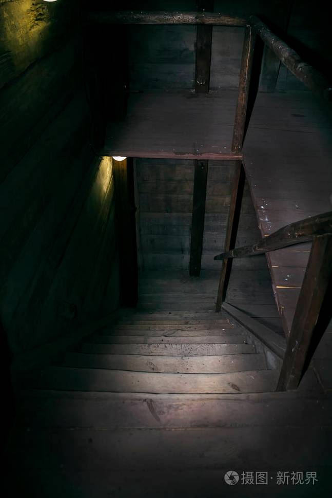 里面有一个黑色的木楼梯台阶下到一座废弃的老房子的地下室黑色的