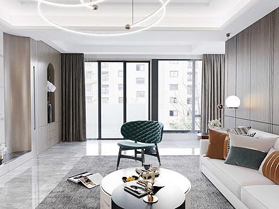 客厅现代风格装修效果图与阳台打通通铺灰色地砖整体呈现高级质感.