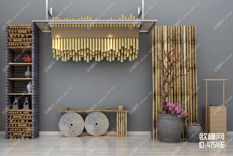 新中式竹子吊灯装饰柜端景台盆栽组合3d模型
