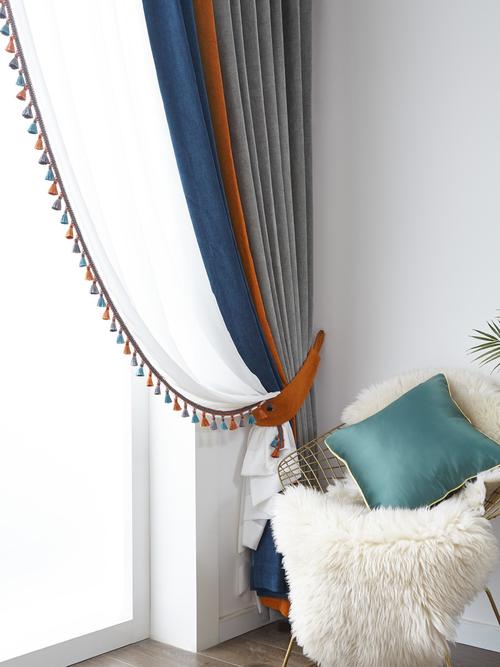 2021新款高温定型全遮光雪尼尔拼接窗帘客厅阳台卧室纯色中式定制