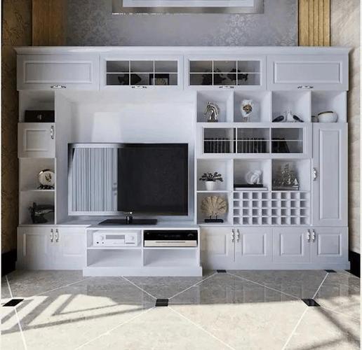 酒柜和电视柜储物柜整体一起倚墙而立到顶的设计也是美观与实用