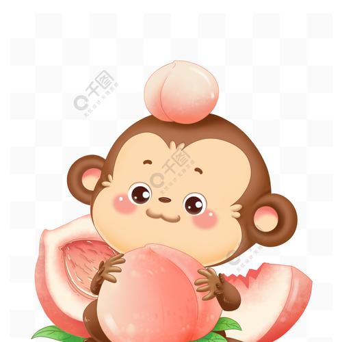 动物ip卡通猴子吃桃子水蜜桃水果可爱属相