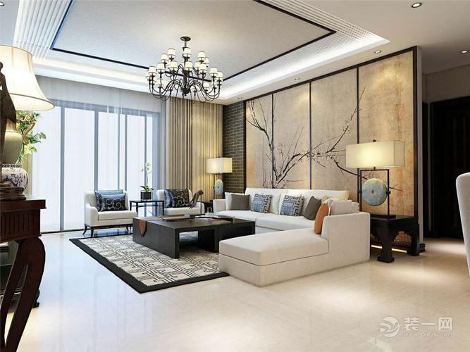 客厅简单的木线条加中国画和现代浅色沙发简单大气.
