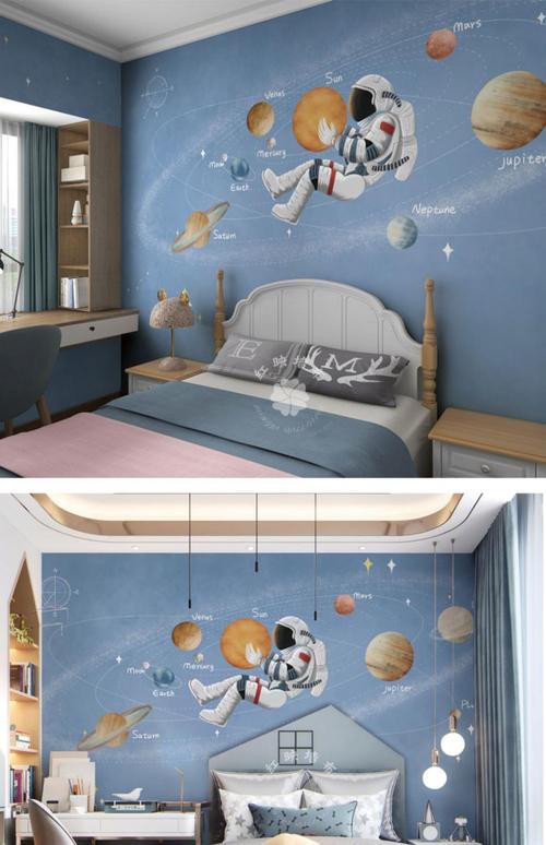 儿童房壁纸男孩壁布宇航员星空墙布太空主题墙纸卧室背景墙壁画鹿绒沙