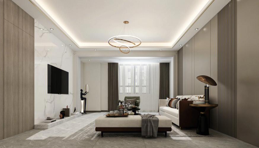 该案例为现代轻奢风格客厅空间宽敞明亮木饰板与理石双材质墙面装饰