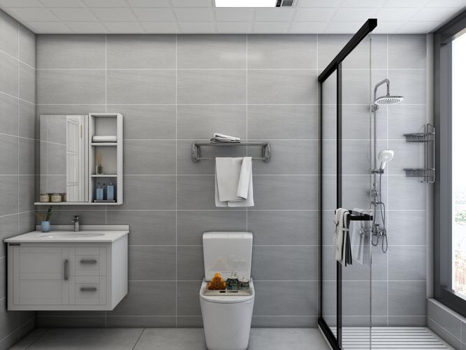 干湿分离的设计单独的洗浴间浅灰色的瓷砖干净卫生