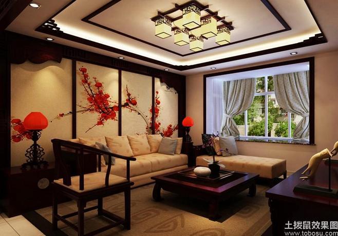 中式古典装修样板房客厅沙发背景墙壁画效果图