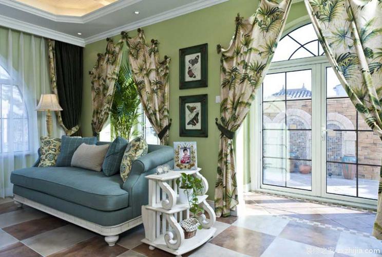 美式乡村风格客厅绿色窗帘效果图
