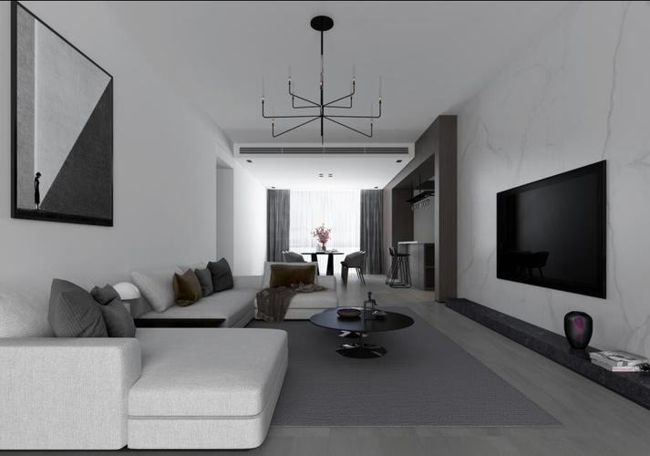 整体客厅以现代风为基调搭配低调个性的灰色布艺的沙发又柔和了这一
