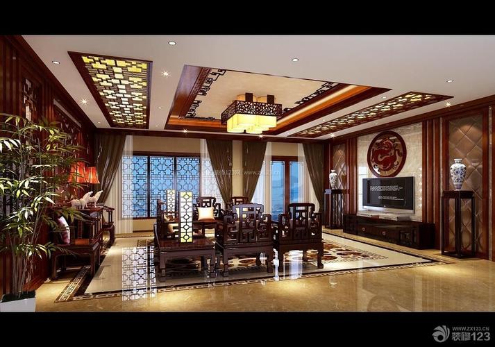 中式实木家具豪华客厅装修效果图
