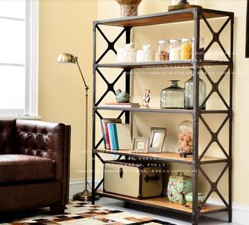 美式置物架铁艺实木书架展示柜书柜书架欧式多层柜子工业实木家具