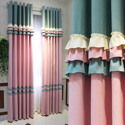 韩式公主风窗帘拼接粉色图片